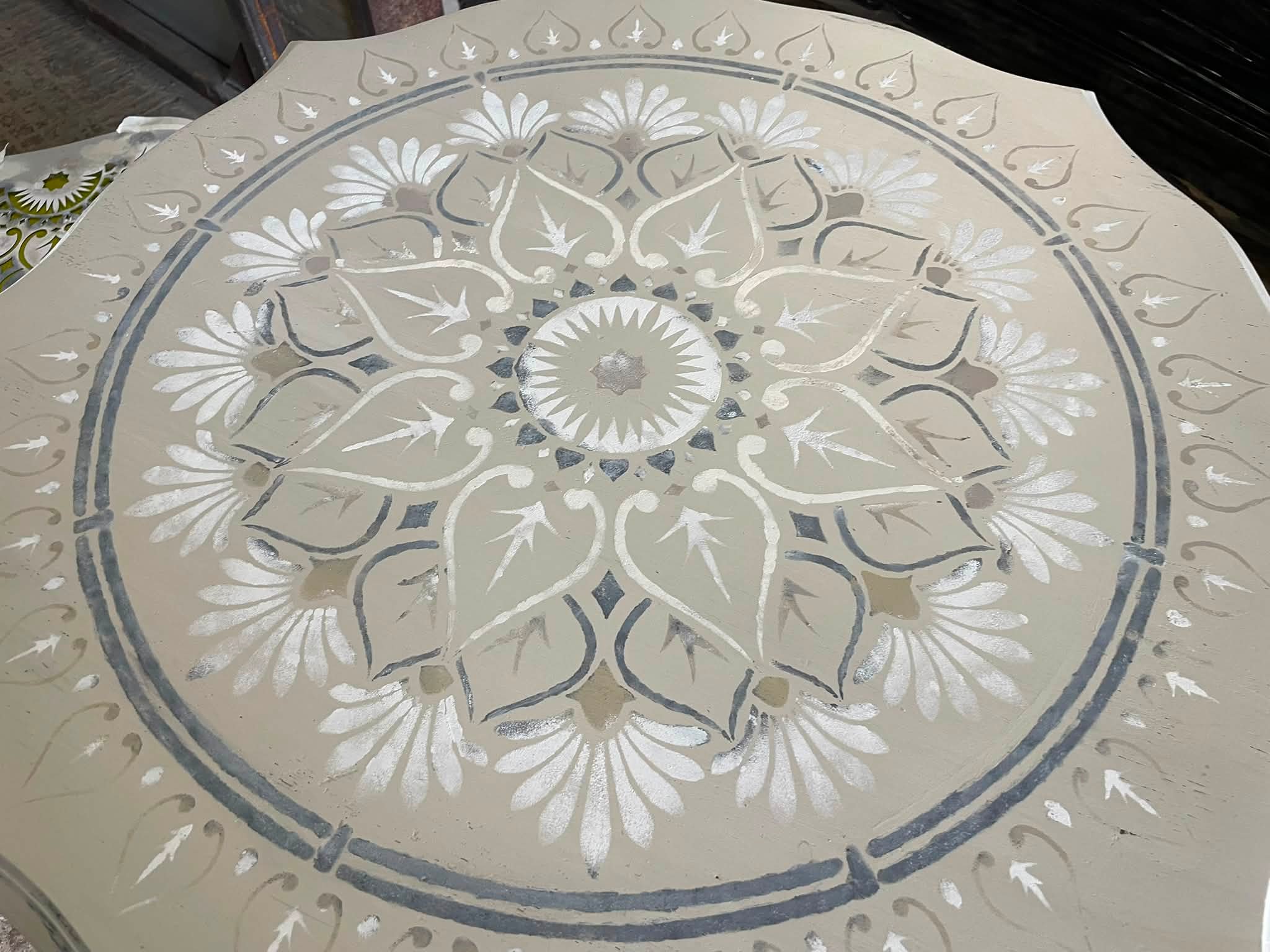 Some pieces simply need someone to see their potential.
This vintage occasional table has been given a completely new lease of life with a hand-painted and hand-stencilled design inspired by traditional Indian patterns. The soft neutral tones complement its beautiful scalloped edge, creating a piece that's both timeless and distinctive.
Perfect as a statement side table, lamp table or hallway feature.
Handmade. One of a kind. Will be added to the website tomorrow.
If you'd like to give this unique piece a new home, just send me a message.
Jo x
Reloved by Jo
#RelovedByJo #FurnitureArtist #FurnitureMakeover #UpcycledFurniture #PaintedFurniture #VintageFurniture #StatementFurniture #OneOfAKind #HandPaintedFurniture #IndianInspired #HomeDecor #InteriorStyle #SustainableLiving #EcoInteriors #CotswoldsHomes #ShopSmallUK #UniqueHomeDecor #TimelessStyle #HallwayInspo #SideTable