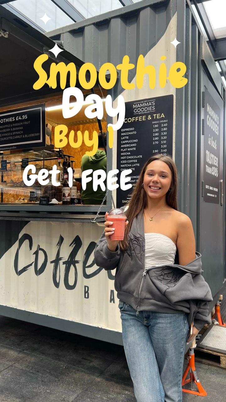 National Smoothie Day – Buy 1 Get 1 FREE!
Double the fruit, double the fun 🍓🍌🥭
This National Smoothie Day, grab your favourite smoothie and get another one FREE — for your bestie, your crush, or just round two for yourself. 😏
🗓️ Available 21st of June Saturday only
📍 At Mamma’s Goodies, Spitalfields Market
To claim:
✅ Follow us on Instagram
✅ Like & Save this post
📲 Show this post at the counter when you pay
Because nothing says feel-good like a smoothie made with sunshine and a little love 💛
#MammasGoodies #NationalSmoothieDay #FeelGoodFood #BOGO #SmoothieTime #SpitalfieldsMarket #LondonEats