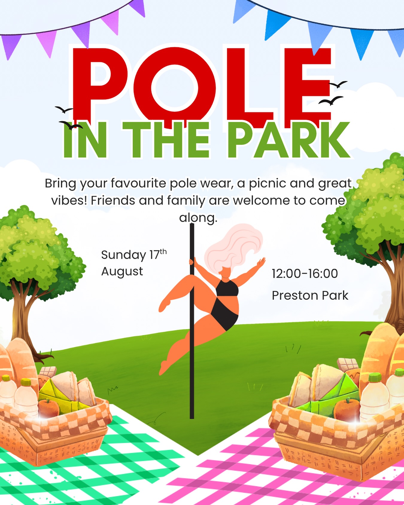 Please join us on Sunday 17th August in Preston Park for our pole picnic! Bring friends, food and refreshments🧺 We’ll let you know on the day where abouts we will be setting up!🌻