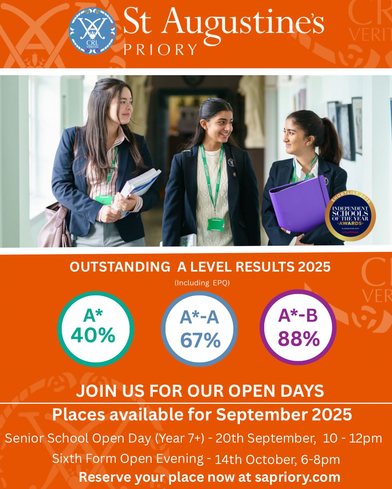 🌱 Come and discover how we can help your daughter flourish academically and personally!
📅 Senior School (Year 7+) – 20th September
📅 Prep & Pre-Prep (Nursery – Year 6) – 23rd September
📅 Sixth Form Open Evening – 14th October
👉 Book your place now at sapriory.com
#GCSEResults #StAugustinesPriory #AcademicExcellence #EalingSchools #OpenDay #SixthForm Image