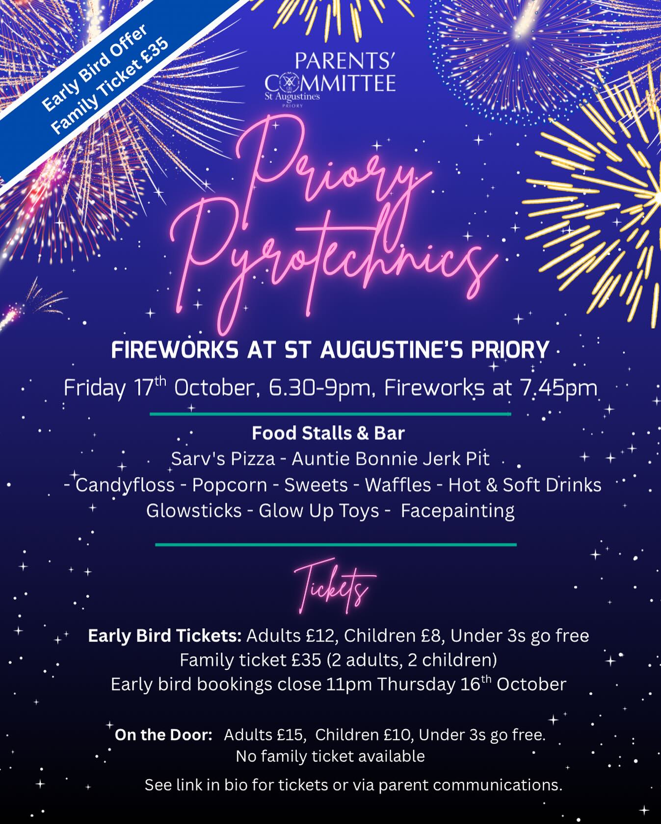 🎇🎆✨ Fireworks Night is back! ✨🎆🎇
Join us on Friday, 17th October for our fantastic Priory Pyrotechnics! 🎉
Bring the whole family and enjoy:
🍔 Delicious food stalls
🍹 A lively bar
🎨 Face painting
✨ …and so much more!
Follow the link in our bio to book your tickets and be part of this spectacular school community event 🤩
#fireworks #familyevent #ealing #OurgirlsWillChangeTheWorld #firework #staugustinespriory Image