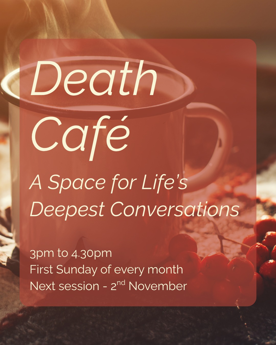 Death Café - A Space for Life’s Deepest Conversations
3pm this Sunday at Moon.
Join us for an intimate gathering where we drink tea, eat cake, and talk about death in a warm, welcoming environment.
A Death Café is a discussion group with no agenda, objectives, or themes - the conversation simply flows from what those present bring on the day.
What to Expect
⭕ Small group-directed discussion about death, with no set topics or conclusions
⭕ A gentle, open space where all perspectives and curiosities are welcome
⭕ The chance to listen, to share, or simply to be present
⭕ Tea, cake, and conversation in good company
Why Death Cafe?
In our culture, there are few places where we can talk openly about death. Death Cafes create a safe and relaxed space for these conversations, helping us to reflect on life’s great mystery together. Since the first gathering in 2011, more than 21,000 Death Cafes have been held in 93 countries - a testament to the universal human wish to speak honestly about mortality.
Details
📅 When: First Sunday of each month
🕒 Time: 3pm to 4.30pm
📍 Where: Moon Women’s Health, 63 Chetwynd Road, London NW5 1BX
💷 Cost: Death Cafe is offered freely. If you’d like to contribute, your donation helps cover tea and cake. Every donation, large or small, helps keep the cafe welcoming and accessible for all.
📖 Booking: Spaces are limited. A friendly request: if you book a ticket and then find you’re unable to attend, please let us know as soon as possible so someone else has the chance to join the conversation
Come as you are. No preparation needed. Each gathering stands alone, and every conversation is unique.
The session is facilitated by Heidi Alden.
You can find out more details and book via the link in our bio.
#deathcafe
#northlondon
#nw5