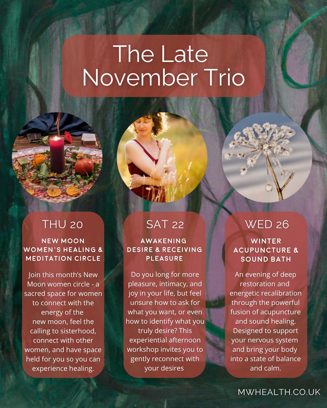 Three upcoming sessions to support you in returning to Your Self, as we slowly descend into Winter...
On Thursday evening, Desiree Diaz holds sacred space at the New Moon Women’s Healing & Meditation Circle. You will experience feeling heard and seen as you set your intentions for the month - focusing on manifesting the life that you want and connecting with other women to help your manifestation become even stronger.
On Saturday afternoon, Daven Lee leads us in Awakening Desire & Receiving Pleasure - an on experiential afternoon workshop, inviting you to gently reconnect with your desires and expand your ability to receive. Through guided practices, playful exploration, and supportive inquiry, you’ll begin to dissolve the fears and resistances that keep you from claiming what you truly long for.
On Wednesday evening, Jasmine St Cliere and Sophie Webb guide us in a Winter Acupuncture & Sound Bath. This session blends the ancient healing practices of Traditional Chinese Medicine with the vibrational medicine of crystal singing bowls, gongs, and other sacred instruments.
You can find more details and book via the link in our bio.