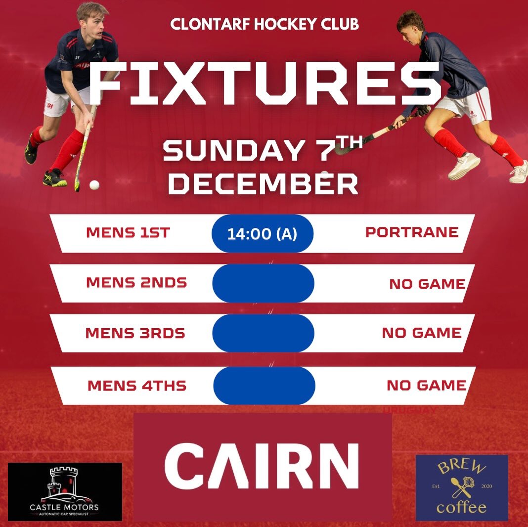 Men’s Weekend Fixtures 🏑Just the one fixture this weekend as the 1s face Portrane (again) in a league refix on Sunday.Best of luck lads