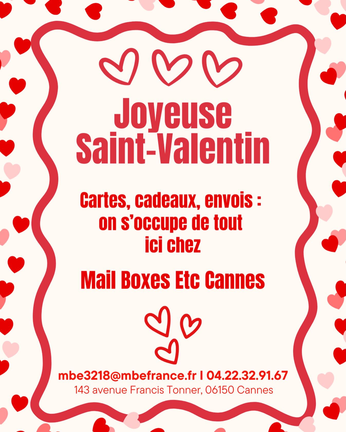 Pour cette journée spéciale, pensez à vos proches, où qu’ils soient 💌
Nous vous accompagnons pour l’envoi de vos cadeaux et colis, avec un service fiable et soigné.
📍 Mail Boxes Etc Cannes
📦 Impression • Expédition • Logistique
#JoyeuseSaintValentin #Cannes #MailBoxesEtc #EnvoiColis #impression