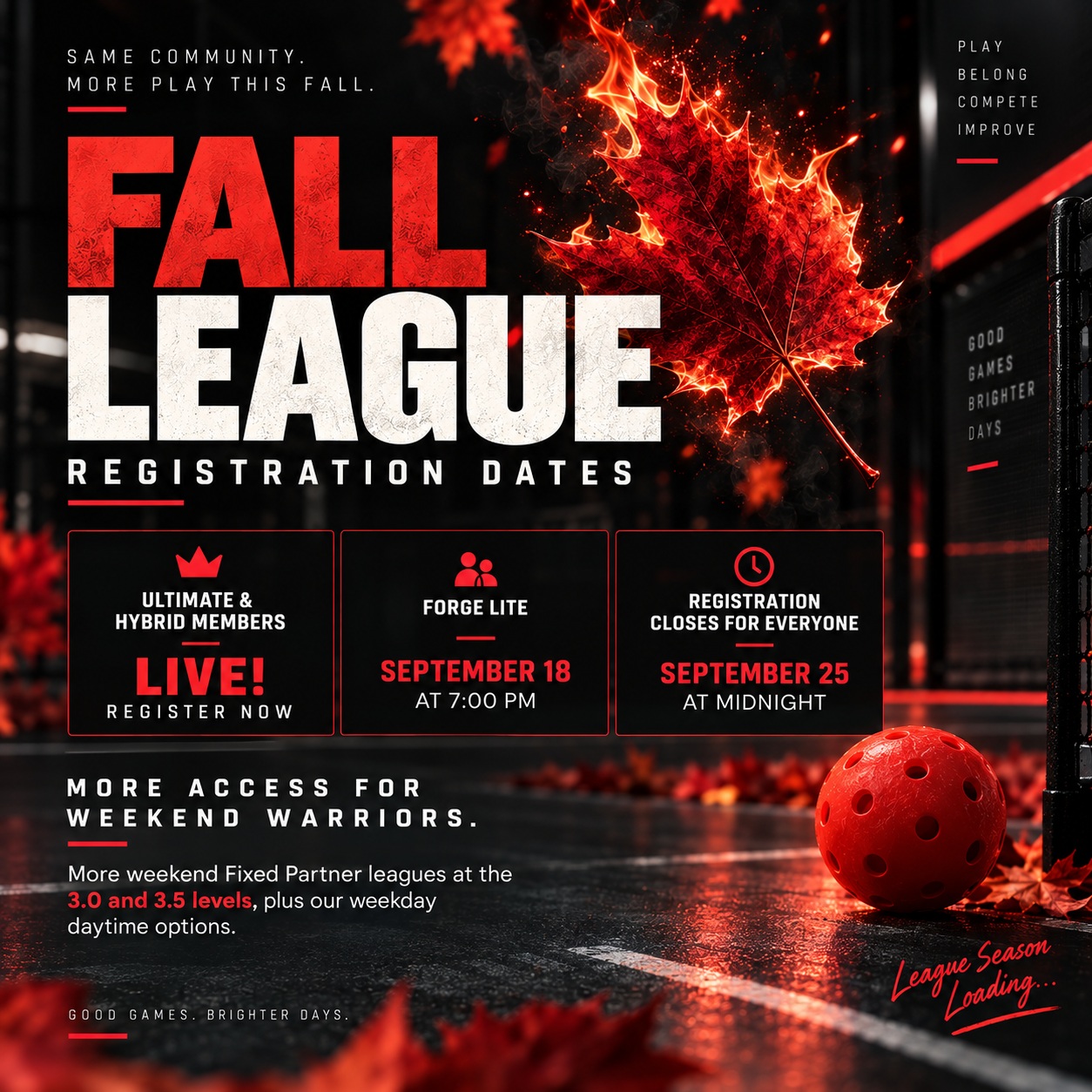 🔥 FALL LEAGUES ARE COMING AND SO IS THE WEATHER. 🍁
Cold mornings. Rain. Wind. Wet courts. Cancelled games.
Fall is around the corner, but your pickleball season doesn’t have to slow down.
At The Forge, you get consistent league play in a controlled indoor environment, on the best playing surface in the city, with what we believe is the deepest and healthiest player pool in Ottawa.
That means better matchups. Better competition. More Fun! No more checking the forecast before you grab your paddle.
🔥 ULTIMATE & HYBRID REGISTRATION IS LIVE!
🍁 FORGE LITE: September 18 at 7:00 PM
⏰ REGISTRATION CLOSES: September 25 at Midnight
And this fall, we’re giving our weekend warriors more options.
We’ve expanded our weekend Fixed Partner leagues, particularly at the 3.0 and 3.5 levels, while keeping our weekday daytime programming in place.
Whether you work Monday–Friday, prefer daytime pickleball, want consistent competition, or simply want to play more — there’s a place for you.
Great courts. Deep player pools. Organized leagues. Perfect conditions.
#TheForgePickleball #FallLeague #OttawaPickleball #PickleballOttawa #IndoorPickleball #PickleballLeague #HoneYourPickleball