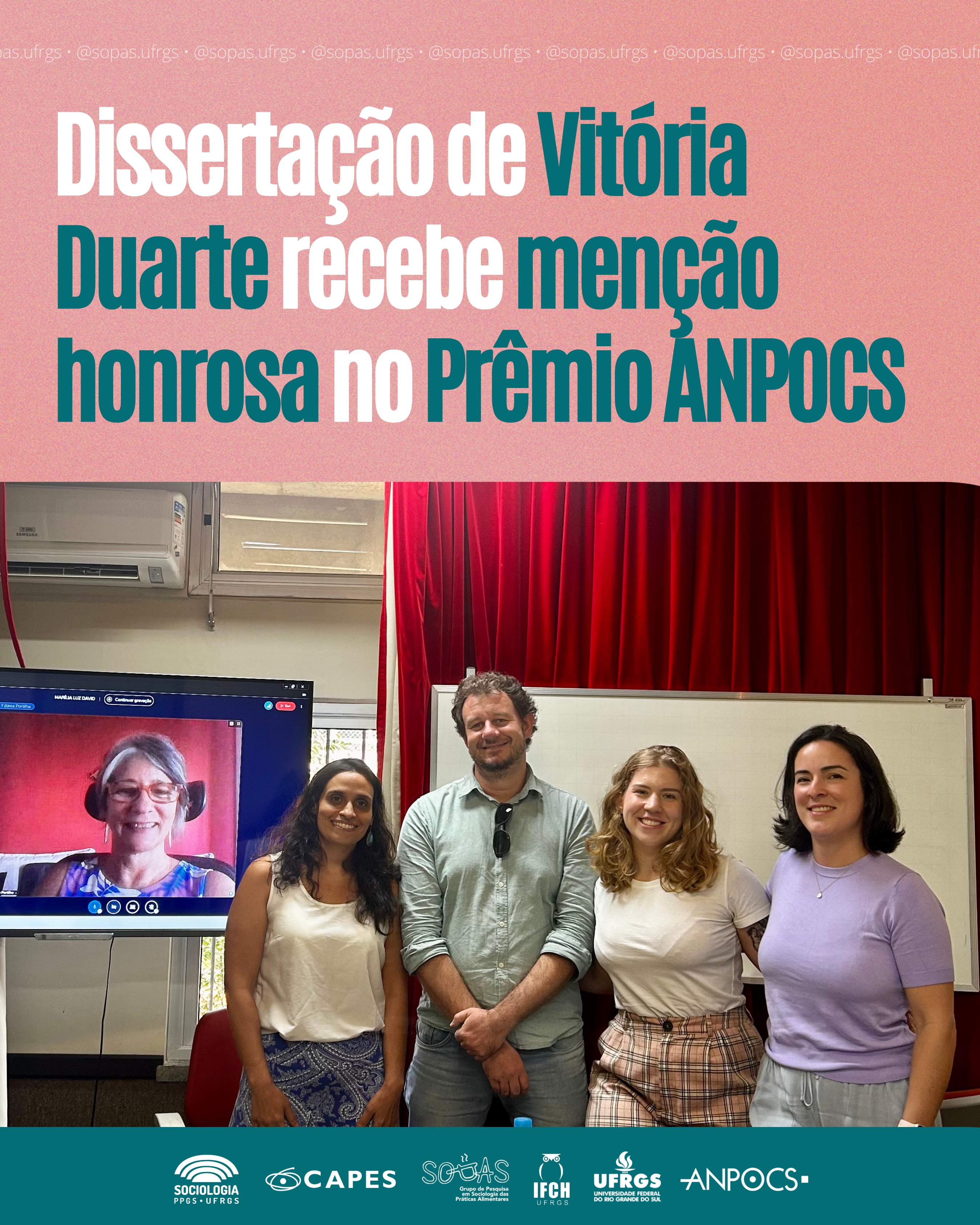 A dissertação de Vitória Duarte recebeu menção honrosa no Concurso Anpocs de Teses e Dissertações em Ciências Sociais 2026!
Intitulada “Práticas e questões alimentares nos territórios: os arranjos de ativismos alimentar periférico de coletivos da cidade de Porto Alegre, Rio Grande do Sul”, a dissertação foi orientada pela Professora Marília Luz David, no PPG Sociologia da UFRGS e recebeu financiamento da CAPES.
A dissertação pode ser acessada em: lume.ufrgs.br/handle/10183/290790
Parabéns à Vitória e à Marília!!!