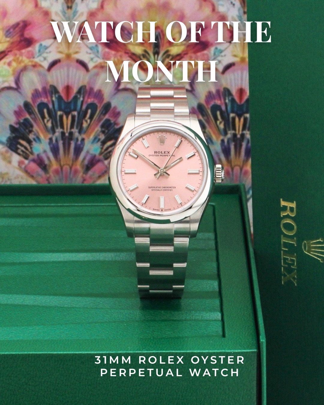 Watch of the Month 💘🌷🌸
This Month’s star is a pre-owned Rolex Oyster Perpetual 31mm with a unique soft light pink dial 🌸
The 31mm steel case sits on a steel oyster bracelet with a folding clasp. The pink dial is finished with clean baton hour markers and a plain polished steel bezel. It’s powered by an automatic movement, with screw down crown and 100 metres of water resistance, so it’s as practical as it is pretty 🤩
It’s the 2025 model (277200) and comes complete with its original papers and box plus and 2 year movement guarantee for extra peace of mind.
Nearly new and ready to wear. Pop into store, message us or follow the links in bio for further information 🔗🔗