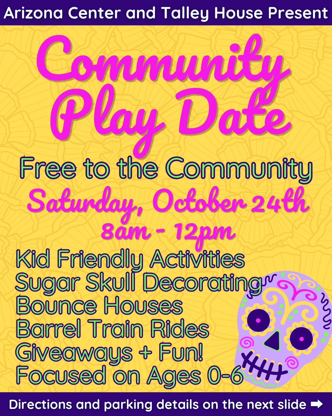 Fall weather is finally making its way to Phoenix, which means it’s time to get the kids outside and burn off some energy. We’re back at Arizona Center tomorrow, Saturday, October 24th, from 8 AM to 12 PM for another morning of FREE family fun!
🎉 Here’s What We’ve Got Planned
🏰 Two Bounce Houses – Double the bouncing, double the fun.
🧸 Toddler Play Area – Soft play and a ball pit for the little ones.
🧲 Magna-Tiles Station – Let’s see what they can build.
🎨 Arts & Crafts – Sugar skulls decorating in Xico’s gallery space
🚂 FREE Train Rides – Running from 8 AM to 11 AM.
🐸 Giveaways – A few fun surprises for the kids.
As always, everything is FREE. Just bring the kids and come hang out.
And while you’re downtown, make a morning of it. The Downtown Phoenix Farmers Market is happening from 8 AM to 1 PM, so grab some coffee, check out the local vendors, and enjoy this beautiful weather.
📍 Location & Parking
Arizona Center – 455 N. 3rd Street, Phoenix, AZ 85004. Enjoy 2 hours of FREE parking at the Arizona Center parking garage located at 401 E. Fillmore Street. Just bring your parking ticket with you for validation.