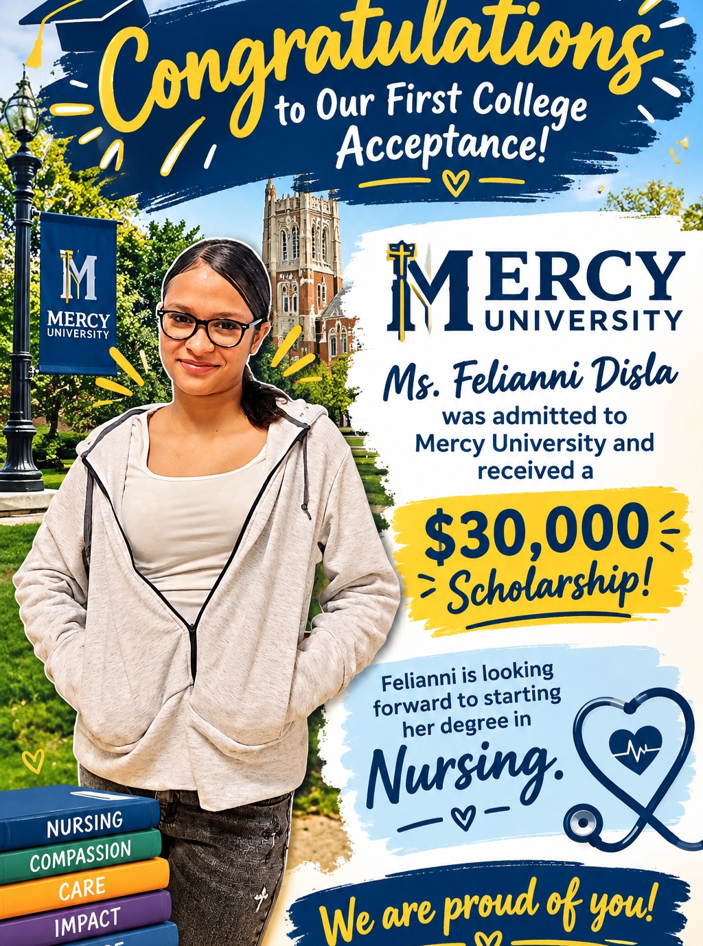 HUGE news and an even HUGER congratulations! π₯³π
We are incredibly proud to celebrate Ms. Felianni Disla, who has achieved our very first college acceptance of the year! π
Felianni is heading to Mercy University, and sheβs already a massive success, having earned a fantastic $30,000 scholarship to support her studies! π°
Sheβs looking forward to beginning her degree in Nursing, where she will use her compassion and care to make a meaningful impact on the world. Your future is so bright, Felianni, and we are all so proud of you! β€οΈπ©Ί
Drop a comment below to send Felianni some love and congratulations! ππ
#Congratulations #FirstAcceptance #CollegeBound #MercyUniversity #FutureNurse #ScholarshipWinner #ProudMoment #CompassionateCare #NursingDegree